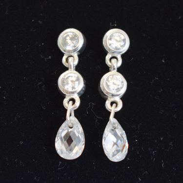Elegant 80's 14k gold tourmaline icy bling dangle earrings, dainty white gold & clear gemstones drop earrings 
