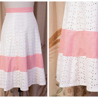 1930s Skirt - Vintage Late 30s Darling Cotton Eyelet Skirt Banded with Coral and White Stripes 