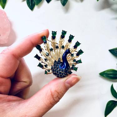 Boucher Peacock Pin, Vintage Brooch, Peacock Brooch, Signed Boucher Pin, Blue Gemstones, Gold Toned Pin, Green Beads, Peacock Jewelry, Bird 