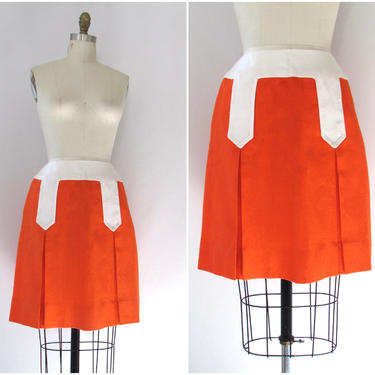A LA MOD Vintage 60s Orange Mini Skirt | 1960s Sloat in Moygashel Irish Linen | Woven in Ireland | Hippie Mod Beatnik Scooter | Size Small 