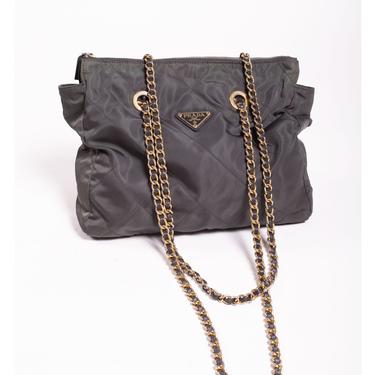 PRADA Nylon Olive Green Quilted Tote Bag with Leather Chain Strap + Gold Hardware Tessuto Vela Logo Monogram Gold Minimal Y2K 