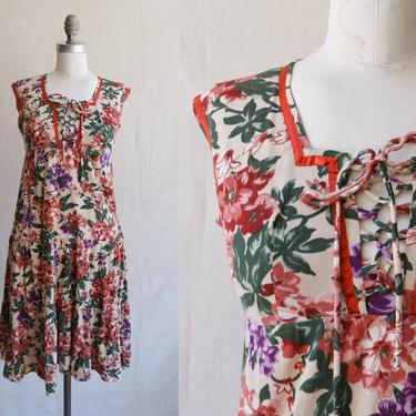 Vintage 70s Lace Up Floral Mini Dress/ 1970s Tiered Prairie Corset Dress/ Size Small 