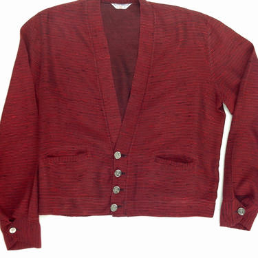 1950'S CARDIGAN Shirt / Deep RED RAYON Nubby-Flecked Fabric / Vintage Metal Buttons / Men's Size Medium Large 