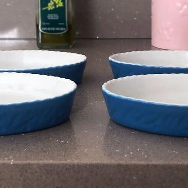 Valentina Ceramic Blue Baking Dishes, SET of 4, Ruffled Edges, Made in Italy, Oval, 7.5&quot; custard dishes, Au Gratin dish Vintage White Blue 