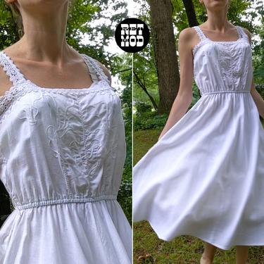 Gorgeous Vintage 70s White Lacy Fit and FlareElastic Waist Cotton Sun Dress 
