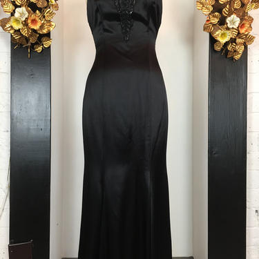 1980s formal gown, vintage evening dress, black satin dress, Jessica McClintock, 80s beaded dress, medium, mock neck dress, backless dress, 