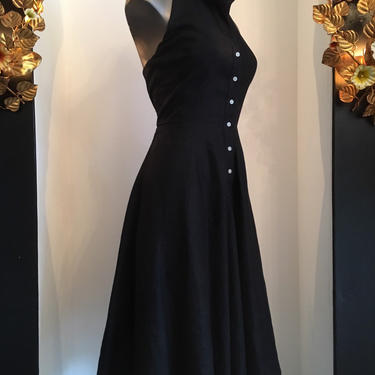 Black linen dress, Ralph Lauren dress, full skirt dress, vintage halter dress, button front dress, classic black sundress 
