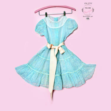 vtg Girls Sheer Blue & Pink Party Dress, Chiffon Full Skirt, Bow Belt, Vintage Dress, Young Girls Baby Kids Child 1940&#39;s, 50&#39;s Fit and Flare 