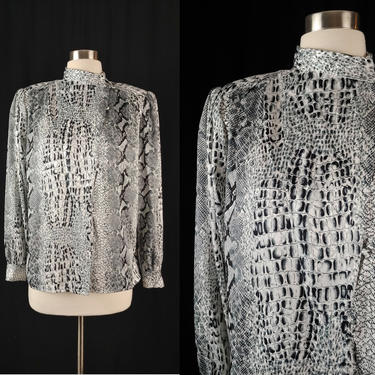 Vintage Eighties Tess Gray and Black Reptile Print Blouse - 80s Long Sleeve Asymmetrical Button Front Blouse - Large Silky Top 
