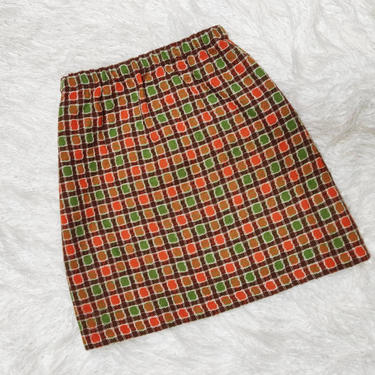 Vintage 70s Wool Mini Skirt // Square Plaid Pattern with Green, Orange, and Brown Wool 