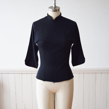 1960s Fine Knit Fitted Black Top | Early 1960s Knit Blouse | XS 