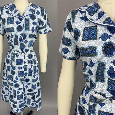 1950s Shirtwaist Dress with Pockets &amp; Belt | Vintage 50s 60s Front Closure Cotton Day Dress | large / xl 