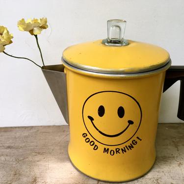 Vintage Smiley Face Coffee Pot, Yellow Good Morning Aluminum Pot By Foley Of Manitowoc Wisconsin, NO Inside Pieces 