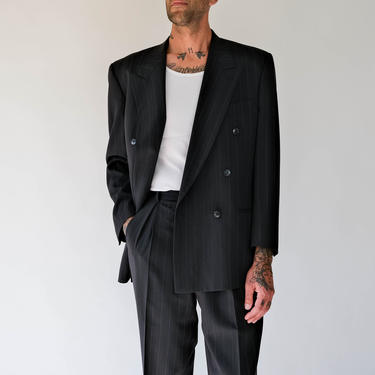 Vintage 80s Giorgio Armani Charcoal Gray Chalk Pinstripe Double Breasted Wool Suit | Made in Italy | Size 42 | 1980s Armani Designer Suit 