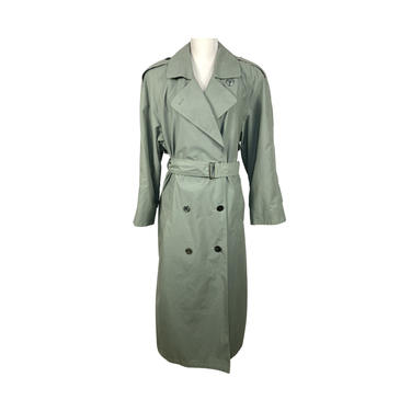 Vintage Clothing Trench Weather Coat, Green, Double Breasted, Collared, Waist Belt, Pockets, Lower Back Slit 
