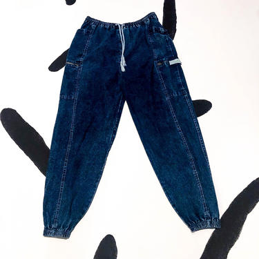 80s / 90s Benetton Dark Acid Wash Cargo Jeans / Elastic Waist / Fitted Cuffs / Joggers / United Colors of Benetton / Pockets / Large / Denim 
