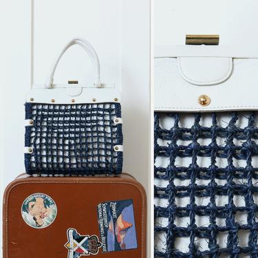 NOS vintage 1970s designer handbag • Dorian Continental white leather & navy blue top handle purse 