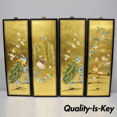 4 Oriental Gold Leaf Black Lacquer 36" Wall Panels Art Peacocks Birds Flowers