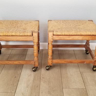 1970s Drexel Heritage Turned Wood and Woven Rush Ottomans - a Pair 
