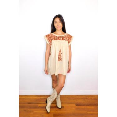 Oaxacan Tunic // vintage cotton boho hippie Mexican hand embroidered dress hippy blouse mini dress beige brown // O/S 