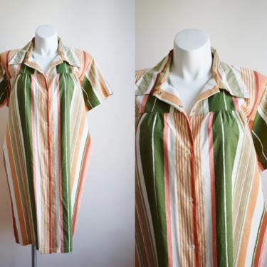 1970s Striped Cotton House Dress / Duster | XL | Vintage Snap Front Dress with Collar 