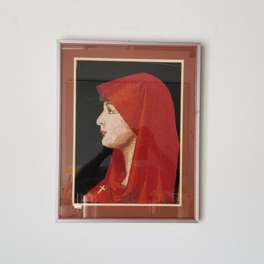 1970s Vintage Hand-Embroidered Framed Nun Portrait Wall Art. 