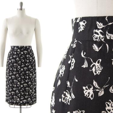 Vintage 1960s Pencil Skirt | 60s Rose Floral Printed Black Cotton High Waisted Wiggle Below Knee Office Secretary Skirt (medium) 
