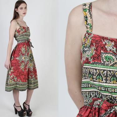 Vintage 50s Ethnic Dashiki Dress / Womens 1950s Floral Tribal Dress / Cotton Summer Party Waist Tie Red Mini Midi Dress 
