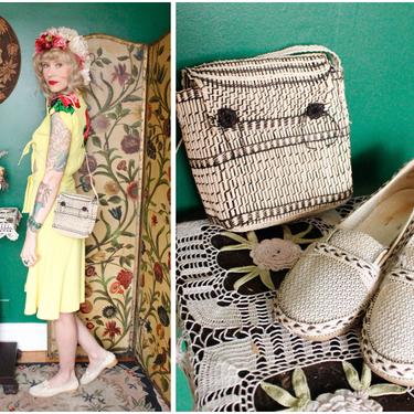 1950s Bag & Shoes Set // Guatemalan Made Woven Raffia Shoes and Bag // vintage 50s purse and shoes 