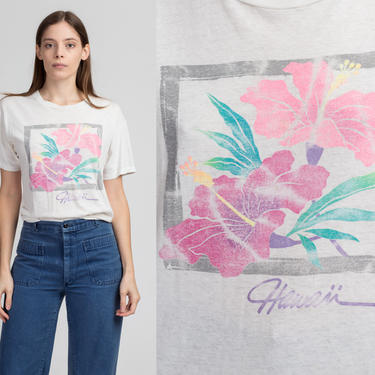 80s Hawaiian Flower T Shirt - Large | Vintage Burnout Graphic Travel T Shirt 