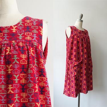Vintage 60s Corduroy Folk Dress/ 1960s Novelty Print Smock Dress with Patch Pockets/ Novelty Print Jumper/ Size Medium Large 