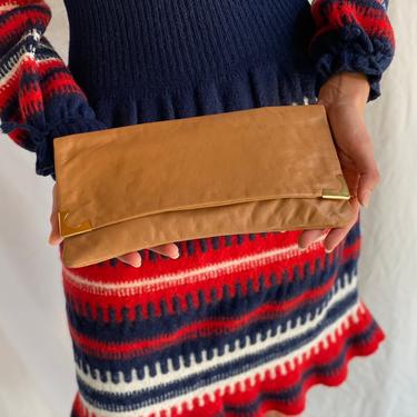 1970's Leather Clutch Purse with Gold-tone Hardware / Envelope Clutch Handbag / Bohemian Leather Purse 