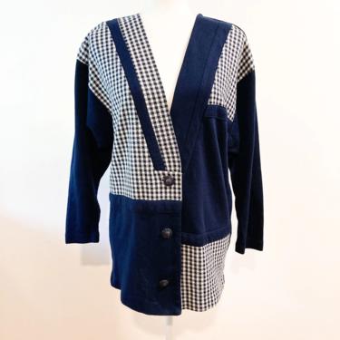 80s Navy Blue and White Houndstooth Knit Cardigan | Small/Medium 