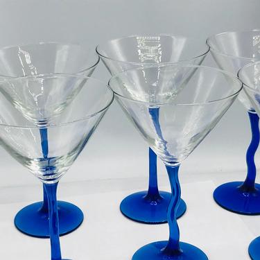 Vintage (6) Set of Six Martini / Cosmopolitan 7.5&quot; GLASSES Zig Zag Cobalt Blue Stem Nice Condition 