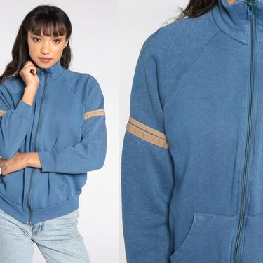 80s Zip Up Sweatshirt -- Blue Track Jacket Sweatshirt Striped Funnel Neck Sweatshirt Slouchy Vintage Medium 