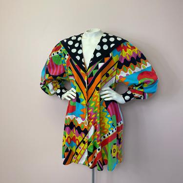 Vtg 1980s Diane Freis funky colorful mini dress tunic w/ collar 