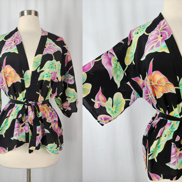 Vintage Seventies Irene Kasmer Leaf Print Wrap Kimono Sleeve Top - 70s Black Neon Arrowhead Kimono Belted Blouse - Small 