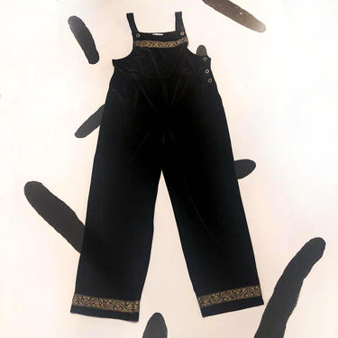 90s Black Velvet Overalls / Gold Trim / Velour / Stretch / Large / Paisley / Ribbon Detail / Grunge / y2k / Goth / XL / Plus Size / 1990s 