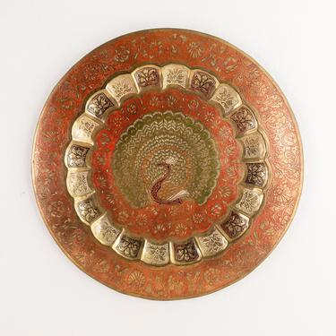 Vintage Etched Brass Peacock Tray, Ornate Orange and Brass Gold Round 13.5 Inch Plate with Bird, Boho Wall Decor 