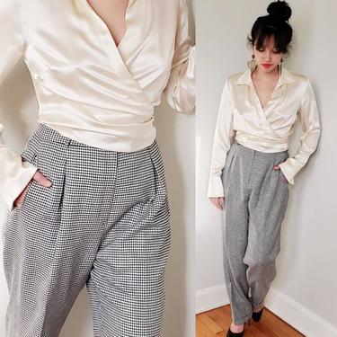 90s Wool Pants Black White Houndstooth Pattern / 1980s 1990s High Waisted Pants Trousers Slacks Gianni / L 