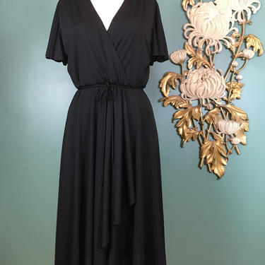 1970s wrap dress, slinky black dress, vintage 70s dress, polyester dress, large, disco dress, flutter sleeve dress, 30 waist, retro, mod 