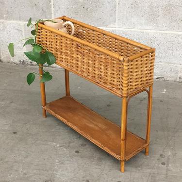 Vintage Plant Stand Retro 1980s Bamboo and Woven Straw + Two Tier Open Frame + Rectangular Shape + Plant Display + Bohemian Home Decor 