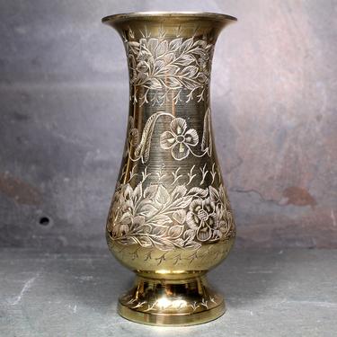 Vintage Etched Brass Vase - 6&quot; Tall Indian Brass Vase - Floral Polished Brass  | FREE SHIPPING 