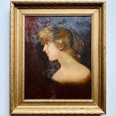 Antique Victorian Portrait Oil Painting Study Young Woman in Profile As Is 20” 