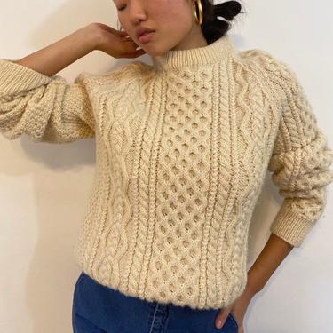 80s handknit fisherman thick wool sweater / vintage ivory handknit Irish fishermen's cable knit Donegal boyfriend sweater | M L 
