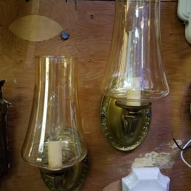 Vintage Brass Sconces with Smoked Glass Chimneys Set of 2