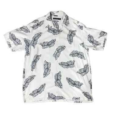 (L) Nautica Silk White Leaf Pattern Button Up Shirt 062921 LM