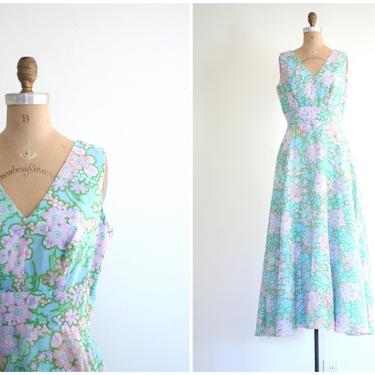 pastel floral print 60s maxi dress - vintage 1960s mod dress / Aqua Blue - 60s prom / mod vintage wedding - retro bridesmaid 