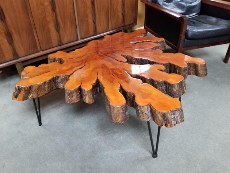Mid-Century live edge coffee table with hairpin legs