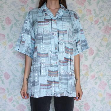 Vintage 1970s Shirt, Button Down Blouse Baby Blue with Rainbow Stripes by Plus Ultra Miami, Size Large 